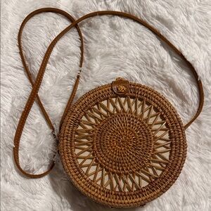 Round Woven Crossbody Bag in Brown